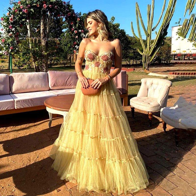 

Sumnus Yellow Prom Dresses Sweetheart Flower Appliques A-Line Long Celebrity Evening Party Dress Tulle Fromal Graduation Gown