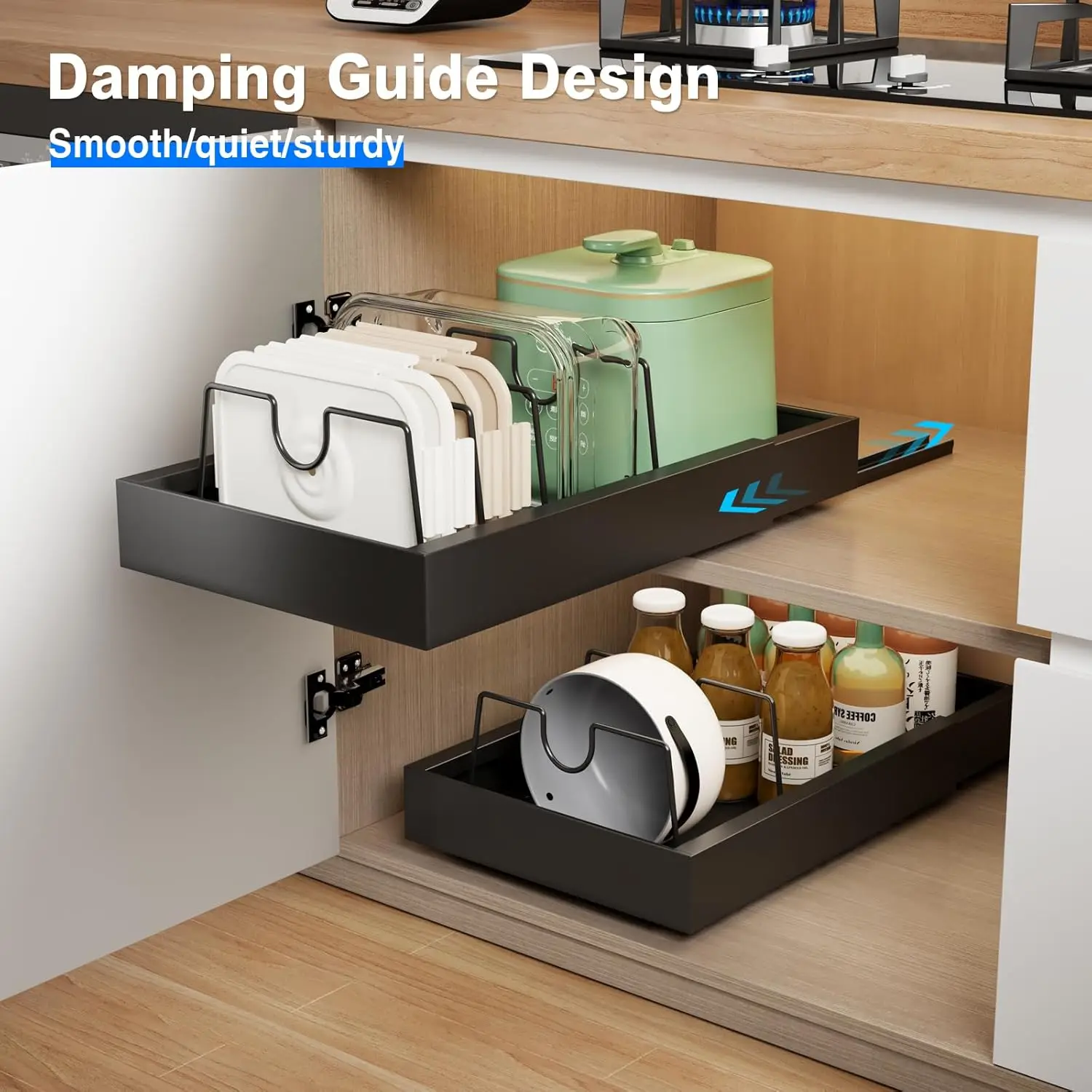 

2 Pack Pull Out Cabinet Organizer With 8 Dividers,21.8"" Deep Slide Out Drawers For Cabinets Adhesive Pull Out Drawers Heavy