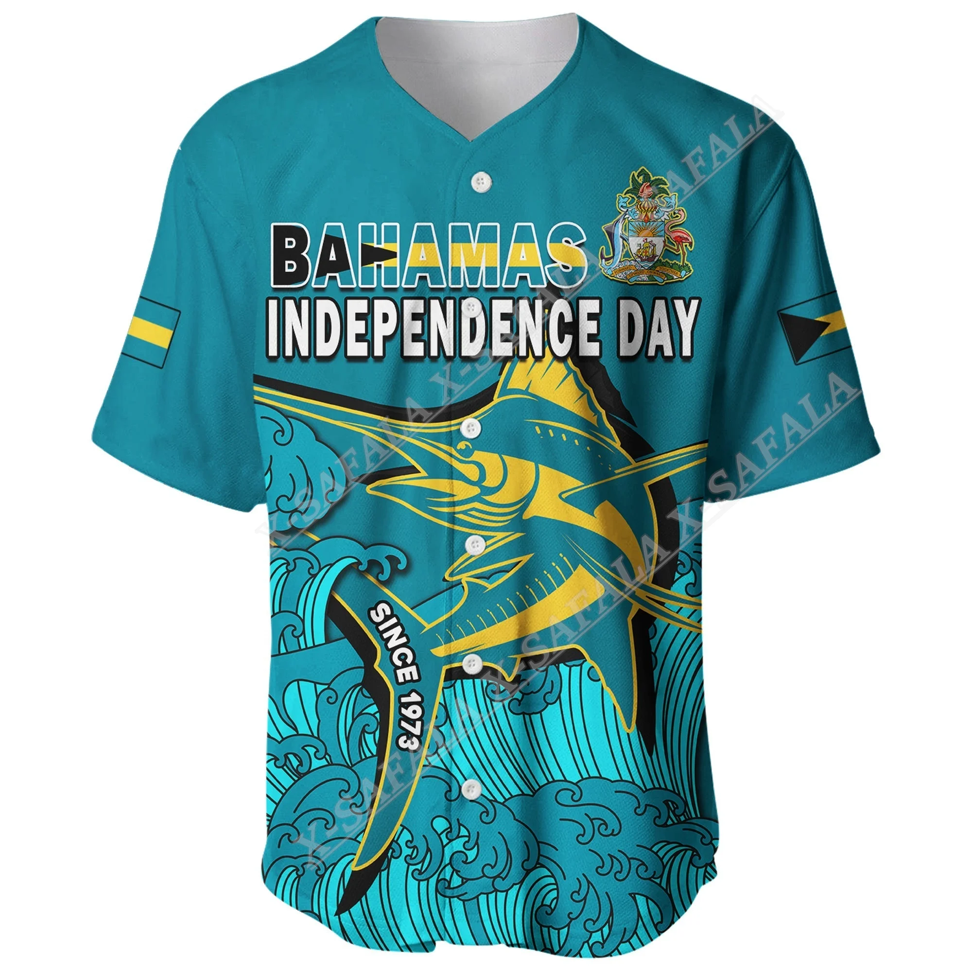 Bahamas Flag Blue Marlins Coat Of Arms 3D Print Mesh Fiber Baseball Jersey Shirt Top Tee Men Streetwear Short Sleeve Sport