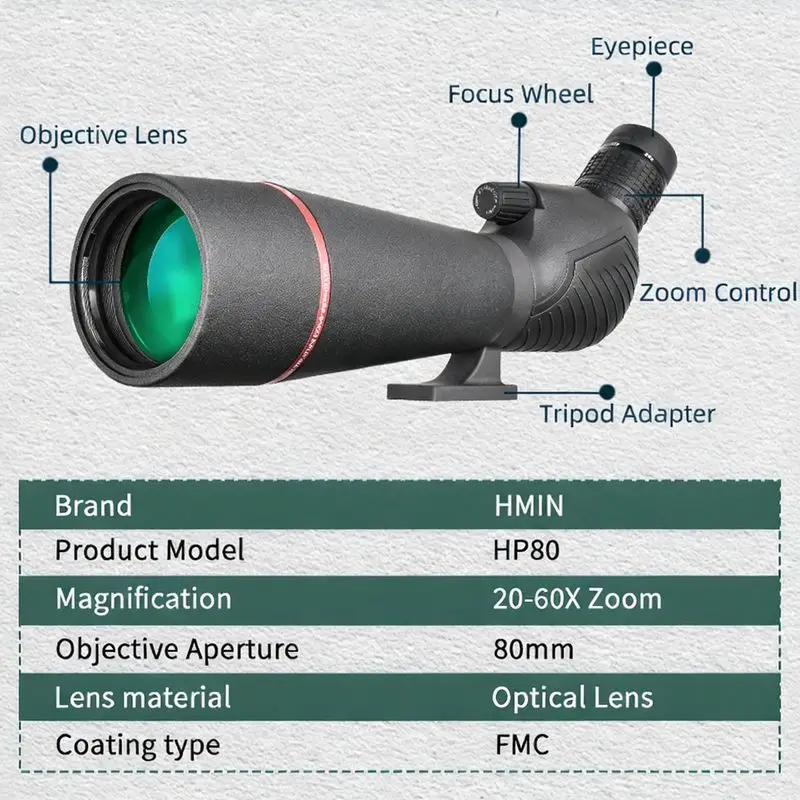 Professional 20-60x80 Zoom Monoculars FMC Bak4 Optical, High Power High Definition Target Birding Outdoor Portable