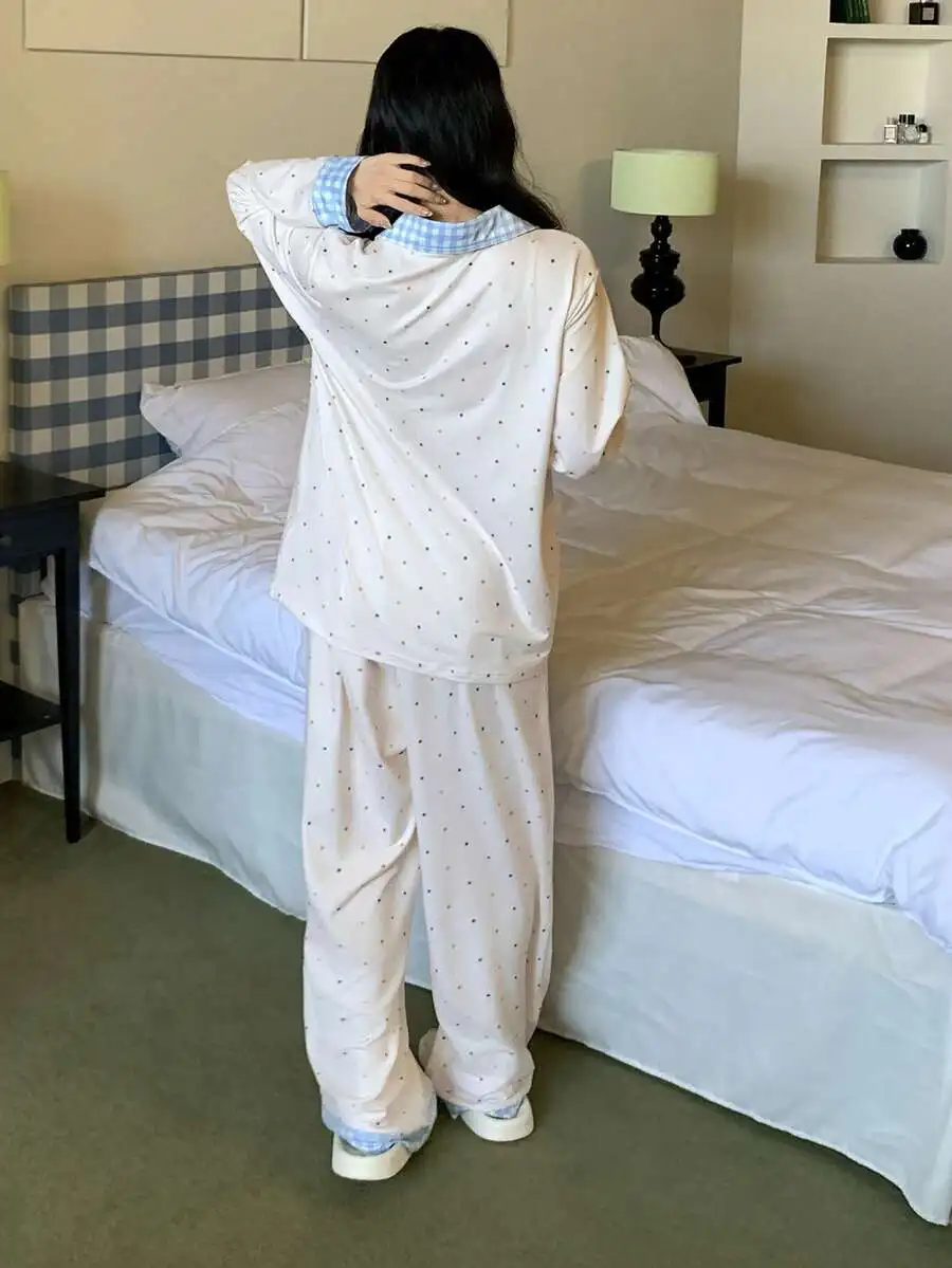 

2pcs Women Polka Dot Plaid Patchwork Loose Sleepwear Set With Turn-Down Collar