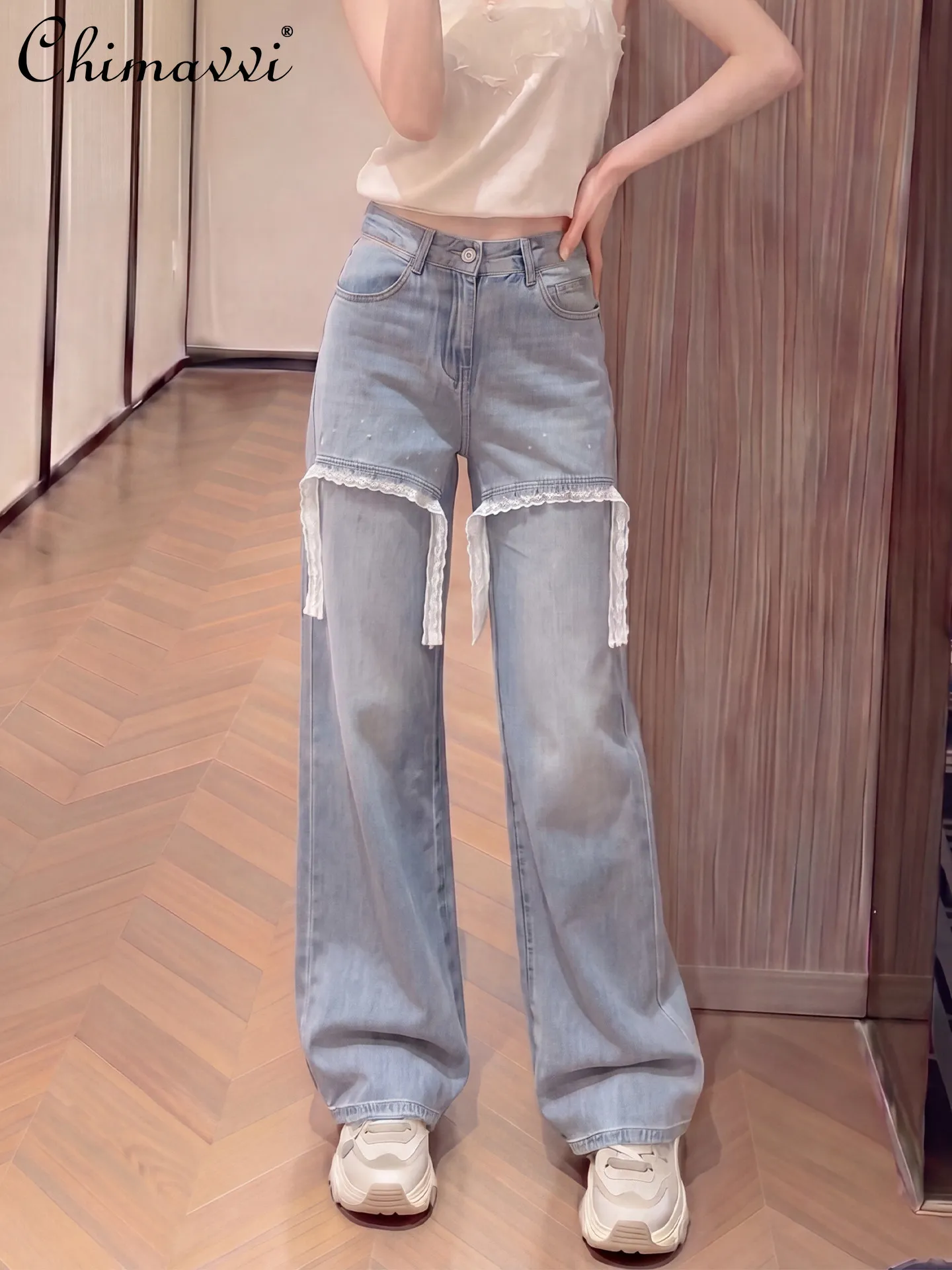 

Fashion Hollow-out Patchwork Denim Wide-leg Pants Women Summer New High-waisted Loose European Rhinestone Extra Long Trousers
