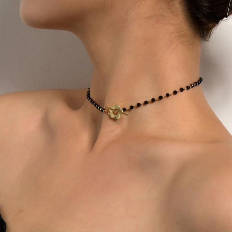 Jewelry necklace feminine black crystal bead chain versatile collarbone chain simple OT buckle flower necklace image 3