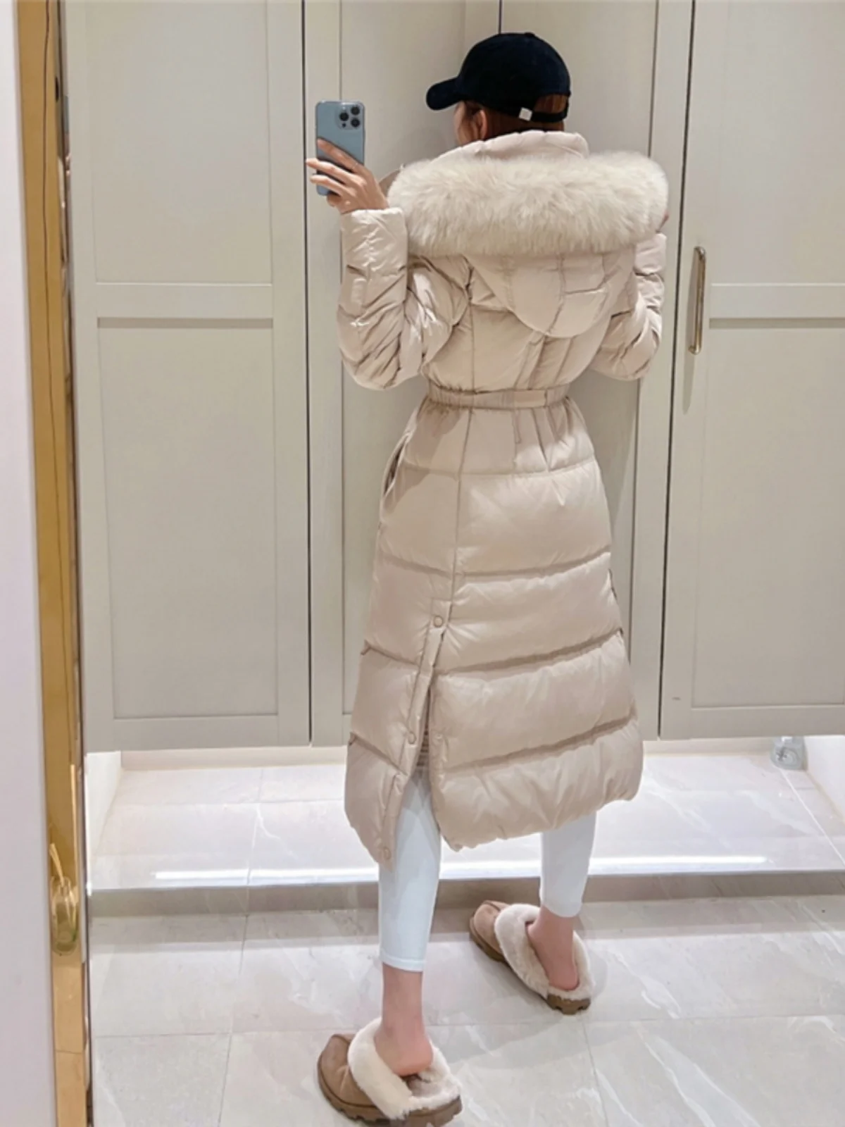 Korean Sle Long Thiened Women's down Jaet Winter Faionable over Knee Slim Fit Waist Inward Coat with Fur Collar