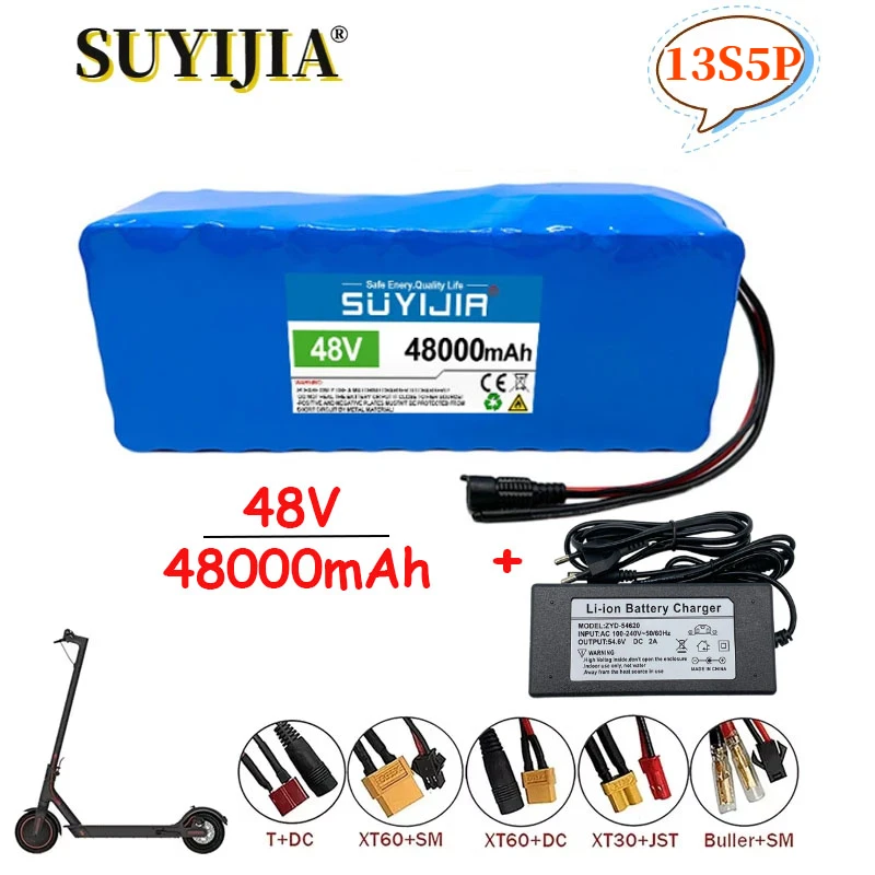 13S5P 48V 48000mAh 18650 Lithium Batteries Pack Built-in Smart BMS for E-Bike Unicycle Scooter Wheel Chair with 54.6V 2A Charger