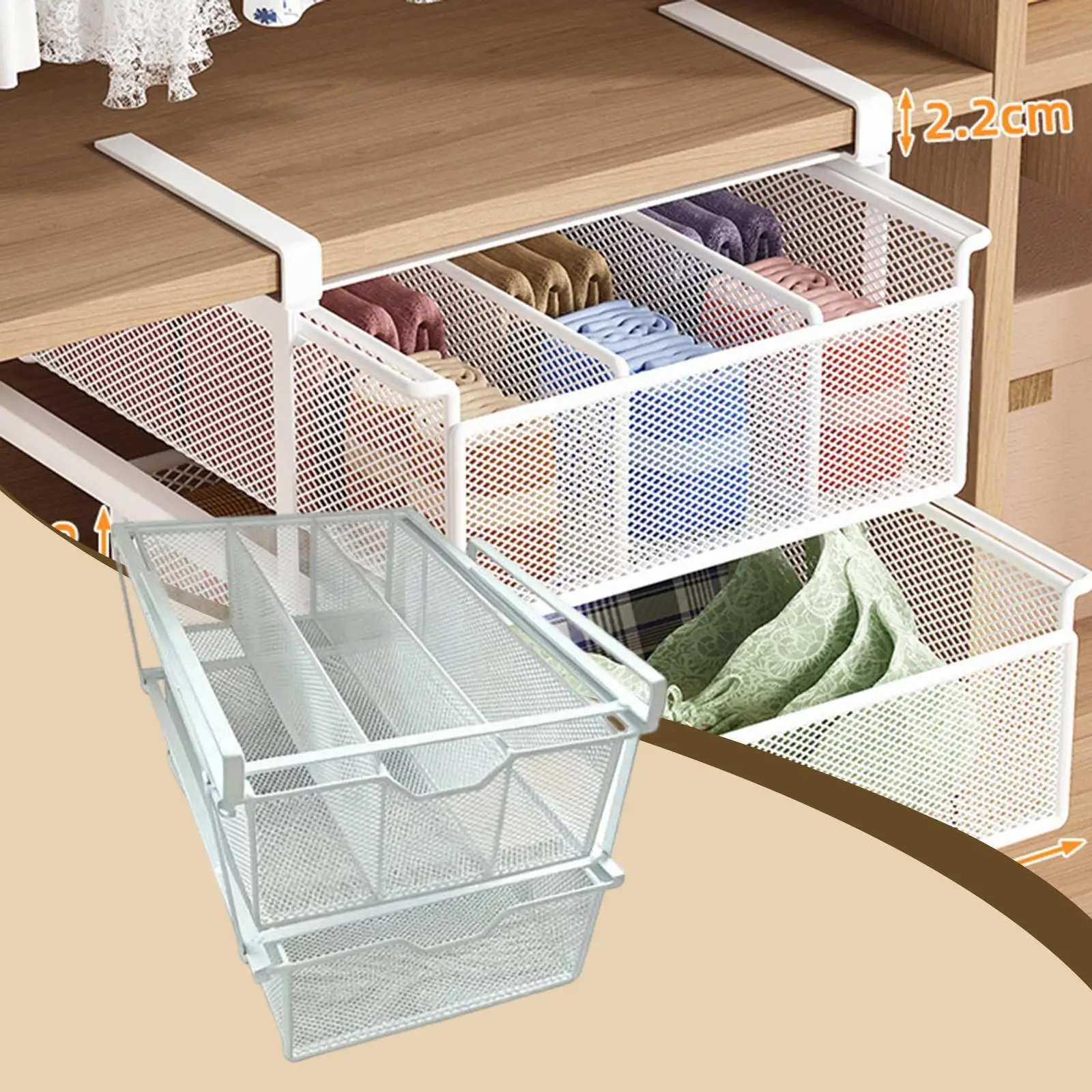 Two Layer Metal Under Shelf Drawer Storage Basket Closet Organizer for Bedroom Cabinet Wardrobe Underwear Sock Compartment