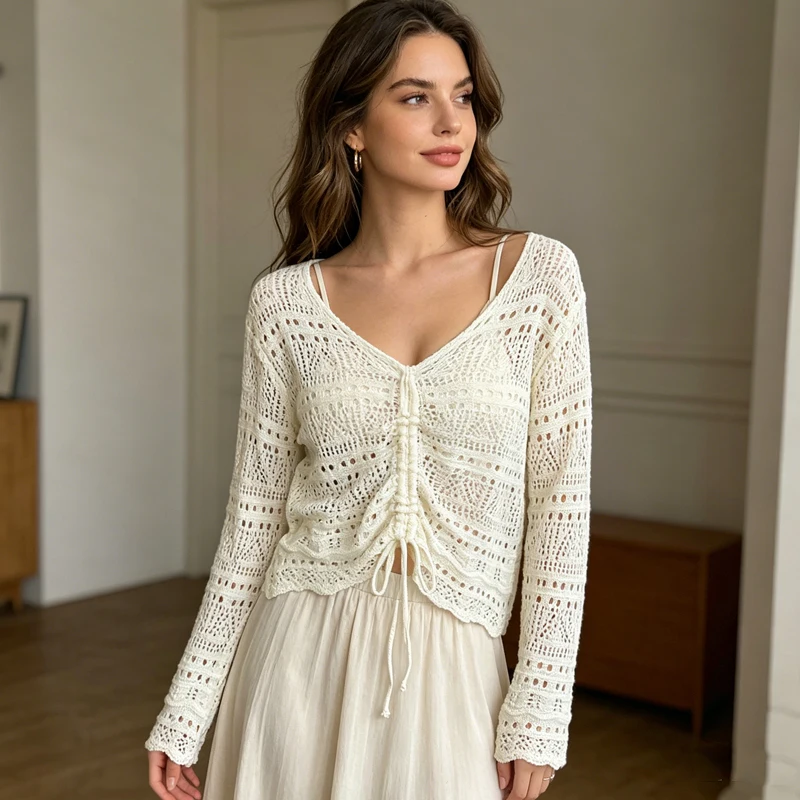 Summer Lightweight Hollow Out Korean Solid Color Short Women's Knitted Top Fashion Casual Drawstring V-neck Long Sleeved Tops