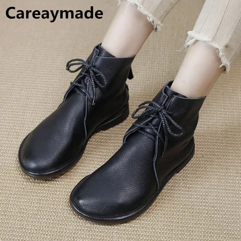 Careaymade-Genuine Leather Round head soft bottom and surface comfortable casual women\'s short boots Men\'s single boots,big size