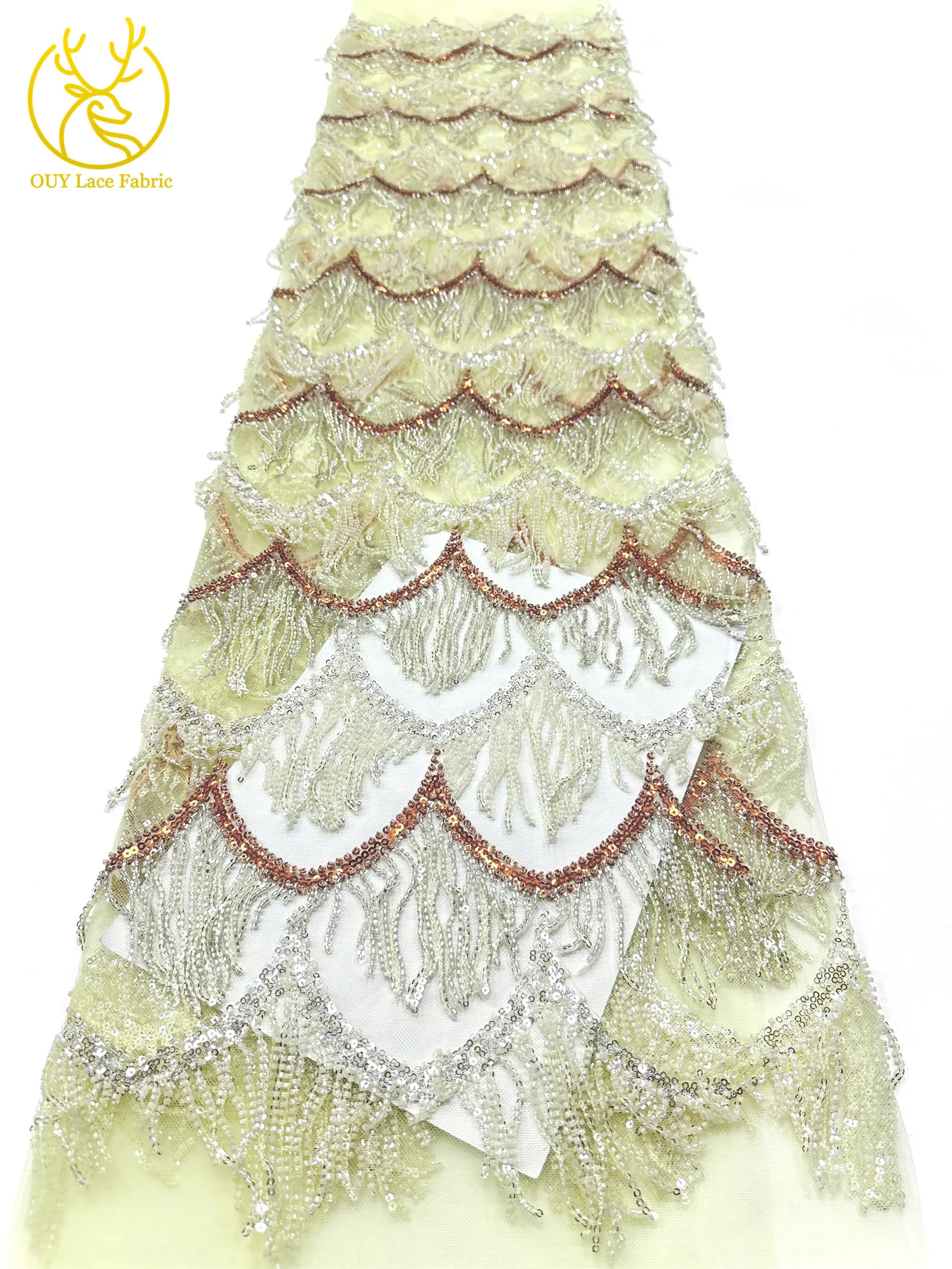 Hochwertiger nigerianischer 3D-Hängeperlen-Spitzenstoff, 5 Yards, hochwertiger französischer afrikanischer Pailletten-Spitzenstoff für Mädchen-Abendpartys – Detail 15