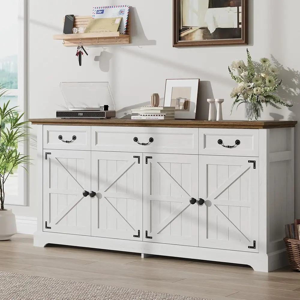 

Large 65 White Storage Cabinet with 3 Drawers and 4 Doors, Suitable for Kitchen, Coffee Bar, Wine Bar, and Living Room