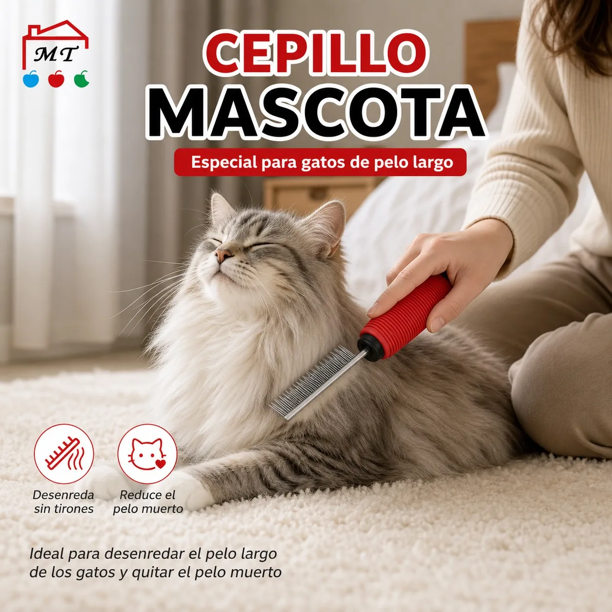 Peine para Perros y Gatos de Acero Inoxidable 19×4.5cm, Cepillo Desenredante para Pelo Largo y Corto con Mango Antideslizante Rojo, Herramienta de Aseo Profesional para Mascotas