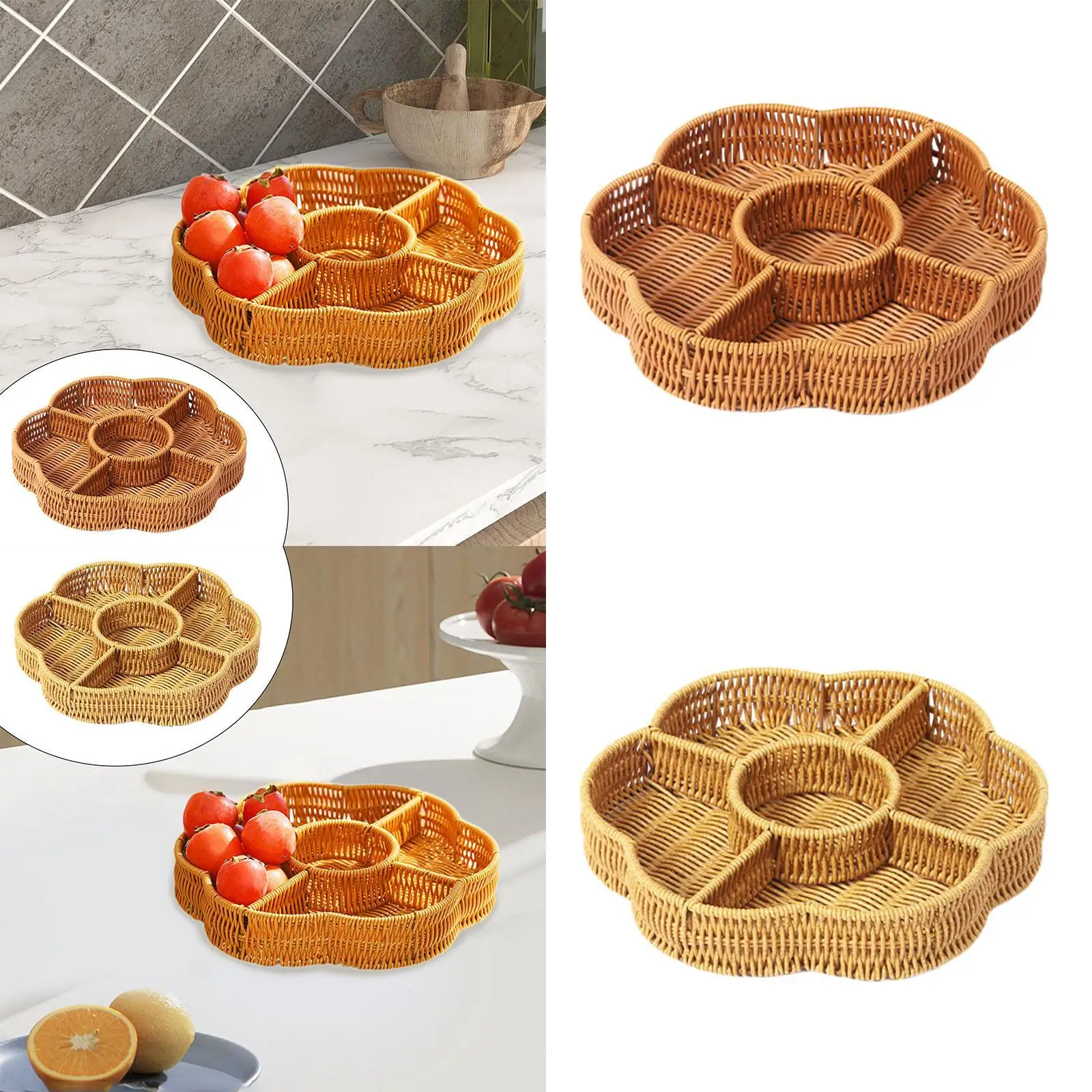 Round Dried Fruit Tray Hand-woven Basket Practical Storage Basket 5 Grids Snack Serving Plate for Bedroom Countertops Bread