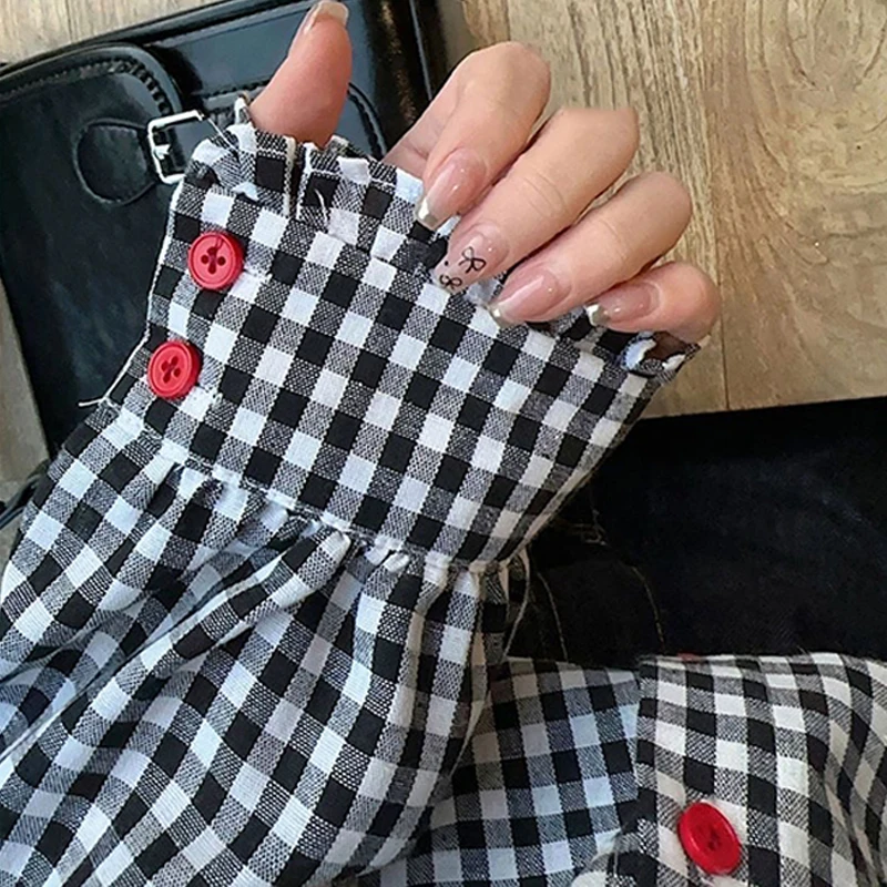 2025 Spring Petal O-neck Design Long Sleeve Red Button Checkered Shirt Loose Sweet Fashion Style Women Blouses
