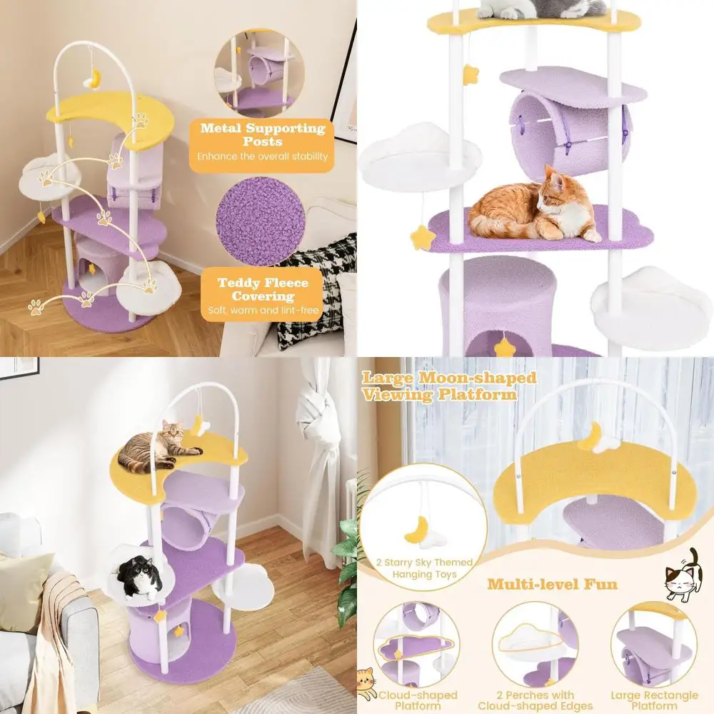 

Многоуровневая игровая площадка для кошек 62 Purple Cat Tower с металлическим каркасом, лежанкой-платформой в форме полумесяца, тоннелем и игрушками для домашних кошек