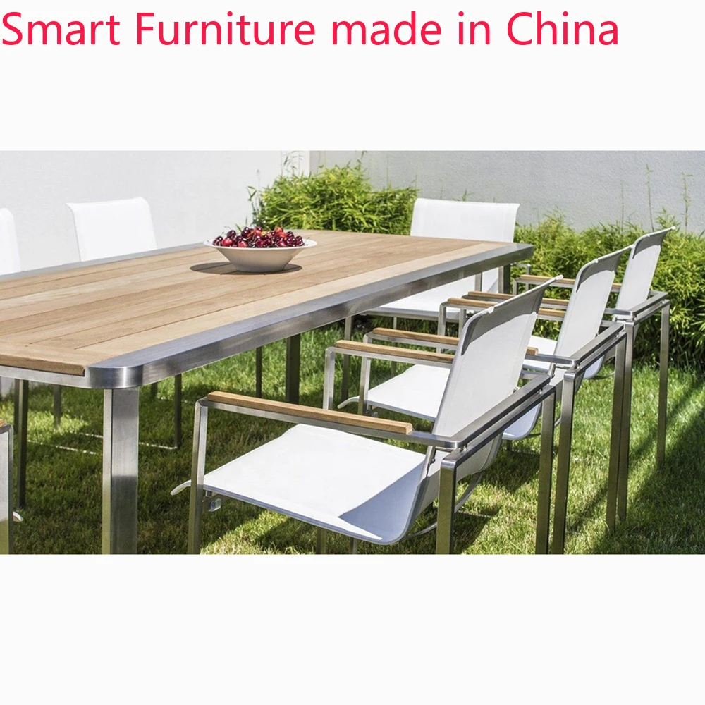 

Luxury hotel Stainless steel frame teak top Outdoor Table And Chair patio Dining table Set home backyard wood garden dining set