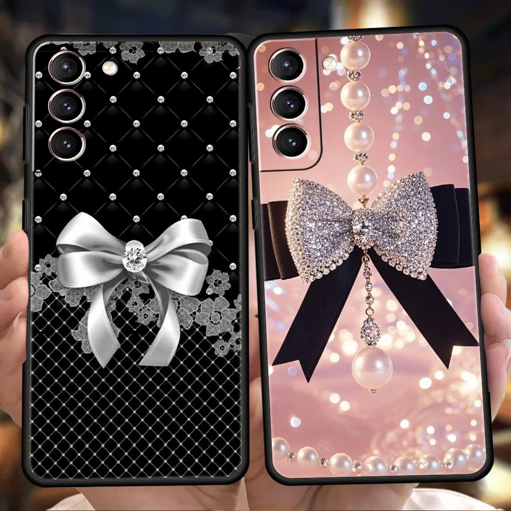Black Bowknot Faux Pearl Painted Phone Case for Samsung Galaxy S25 S24 S23 S22 S20 S21 FE Ultra S10 S10E Plus S25 Edge Soft TPU