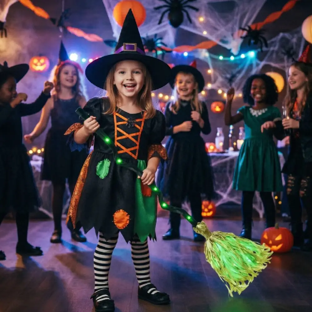 Glowing Animated Dancing Witch Broom with Sounds Bendable Stick Halloween Magic Witch Broomstick Walking Feet Movable