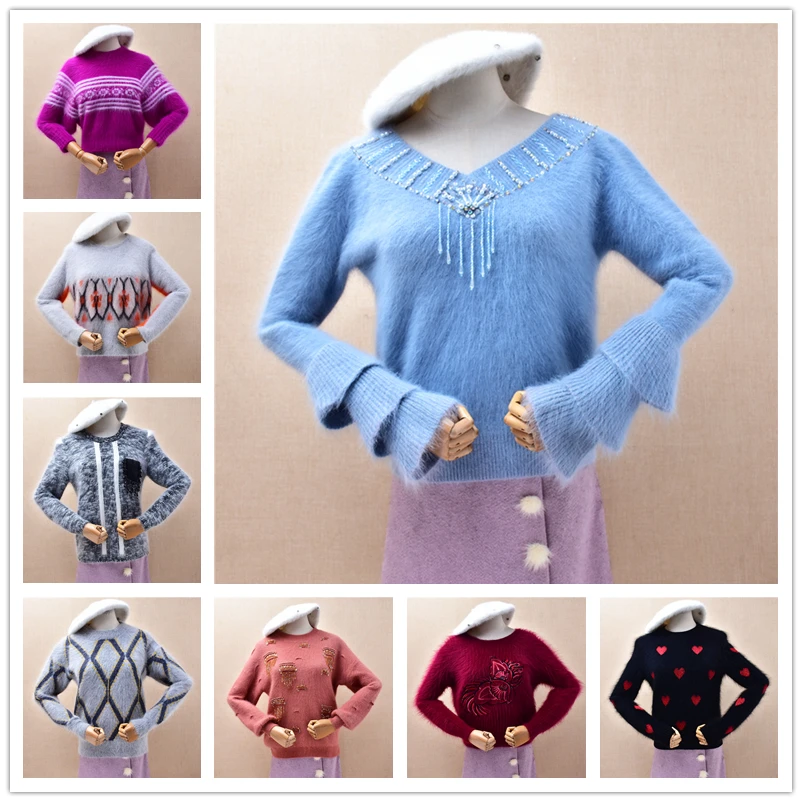 

Модный цветной женский Mujer осень-зима корейский цветок волосатый ангорский кролик волосы с круглым вырезом и длинным рукавом свободный пуловер свитер джемпер