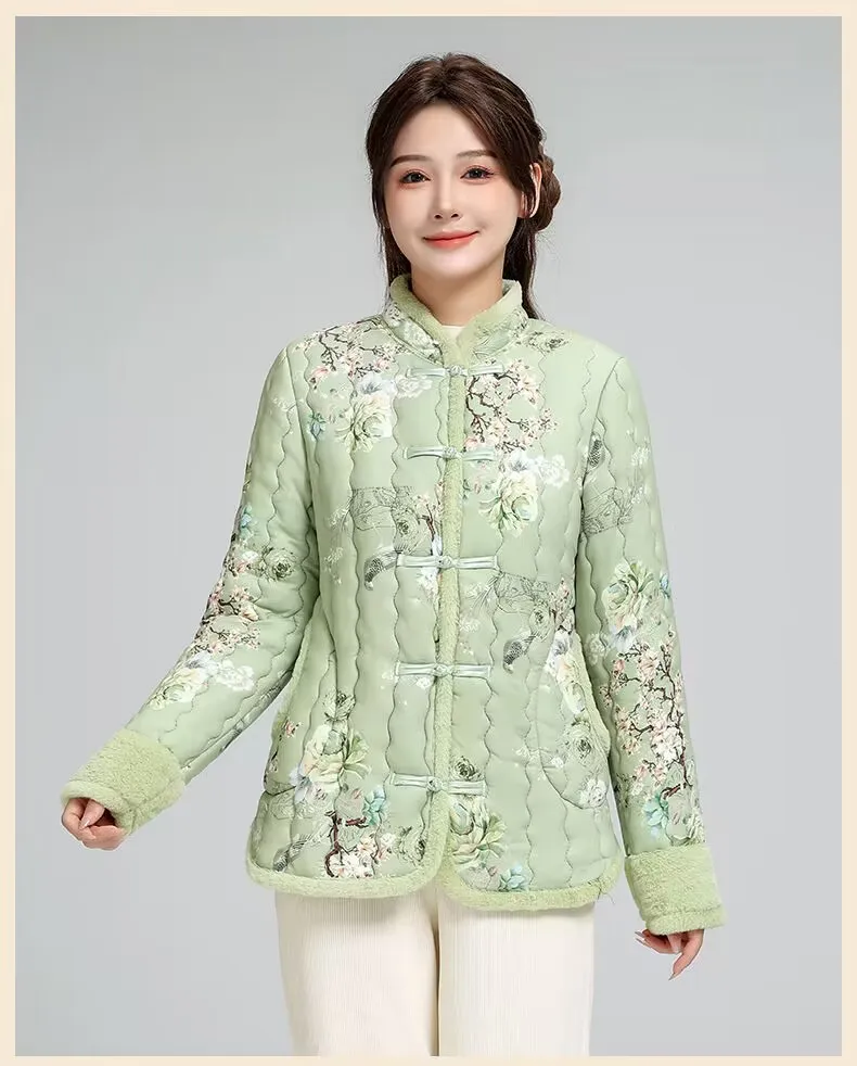 Vintage Floral Tang Suit Jacket for Women, Cotton-Padded Coat, Warm Clothes for Mother, Cheongsam, Autumn and Winter, New, 2024