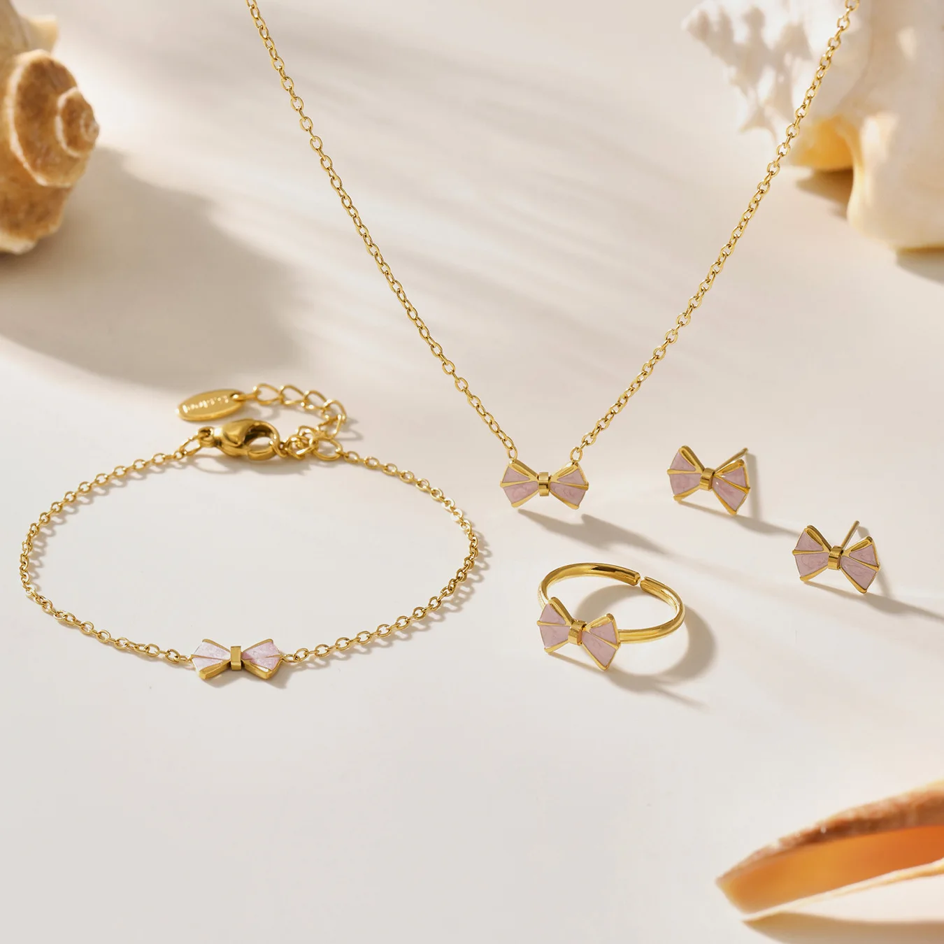 

Sweet Girls Jewelry Set Gold atainless Steel Sparkling Pink Bow Design Cute Party Birthday Outfit Gift for Kids Accessories