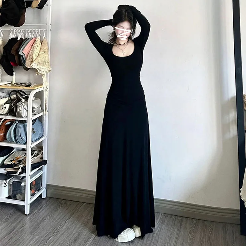 فستان أسود طويل الأكمام المرأة ربيع 2025 جديد التخسيس مزاجه ماكسي فساتين امرأة الكورية موضة شارع العليا فستان طويل