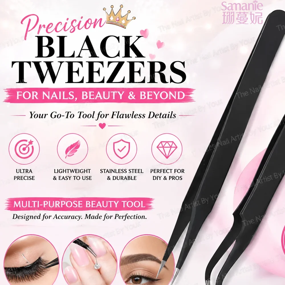 Tweezers, Precision Black DIY Tweezers for Nail Art and Eyelash Extensions Beauty Tools
