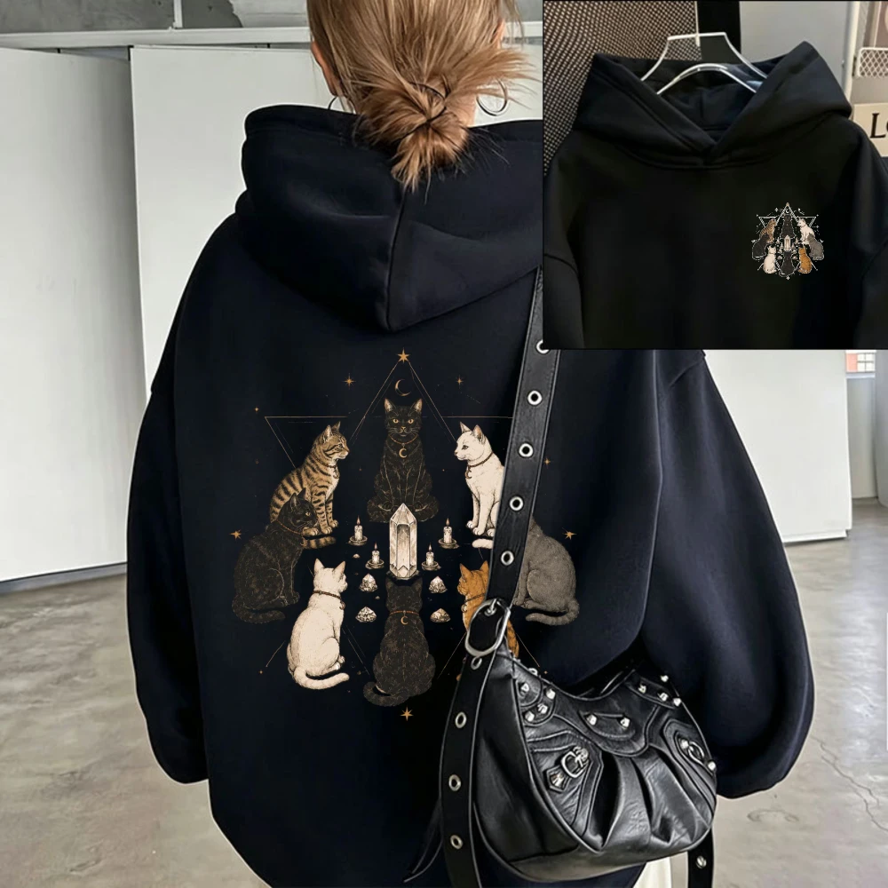 Mystical Witchy Cat Hoodie Vintage Occult Crystal Pentagram Star Candle Magic Feline Pullover Gothic Aesthetic Casual Hooded Top