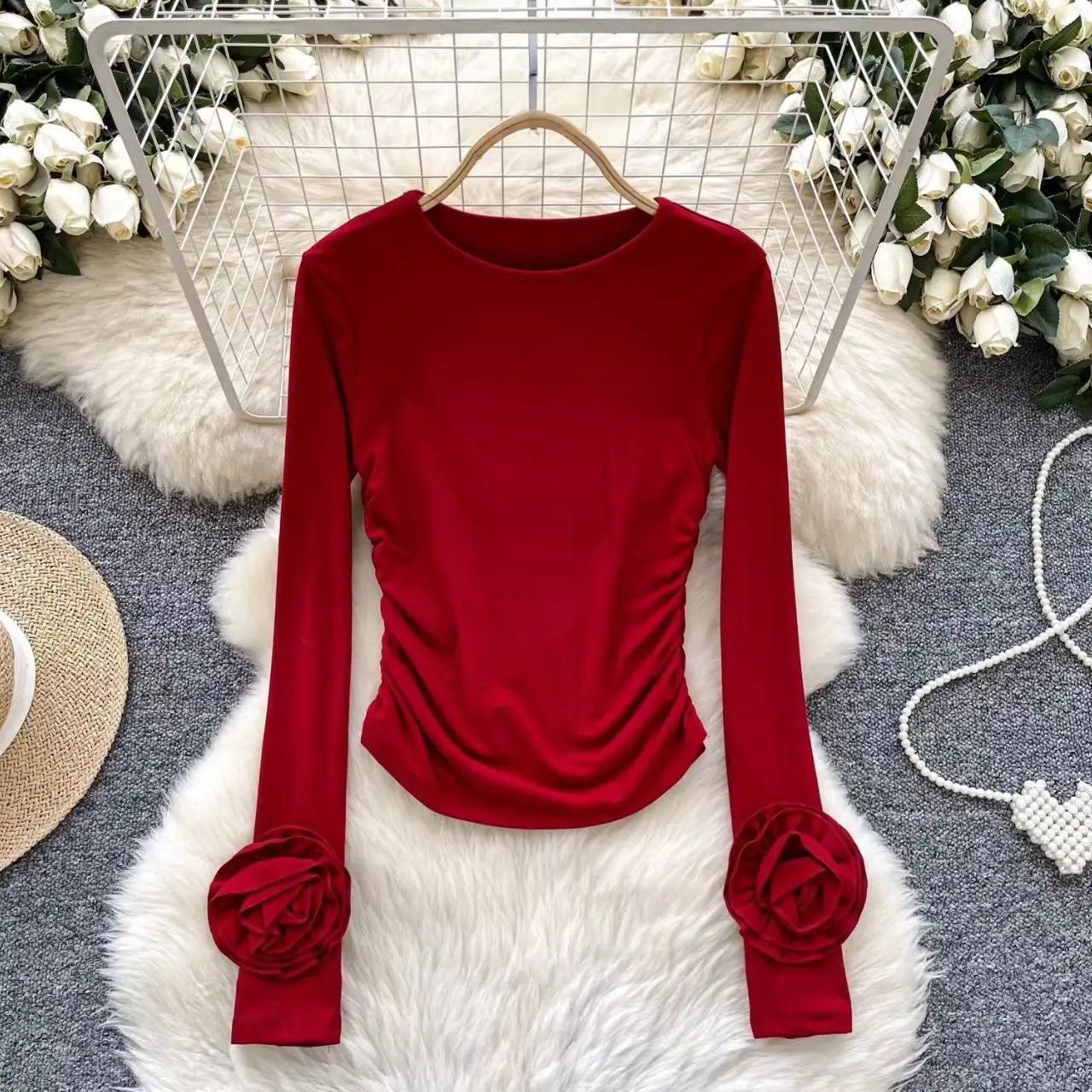 Long Sleeve 3d Flower T-shirt Women Clothing Tunic Solid Colot  Tees 2026 Ropa Mujer Fashion Slim Fit Pleated Y2k Tshirts