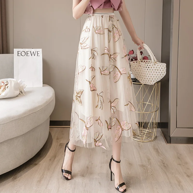 

Vintage Midi Sweet Women Skirt Fashion Sequin Mesh Embroidery Dragonfly Long Skirt Women's Summer High Waist Mesh Skirts