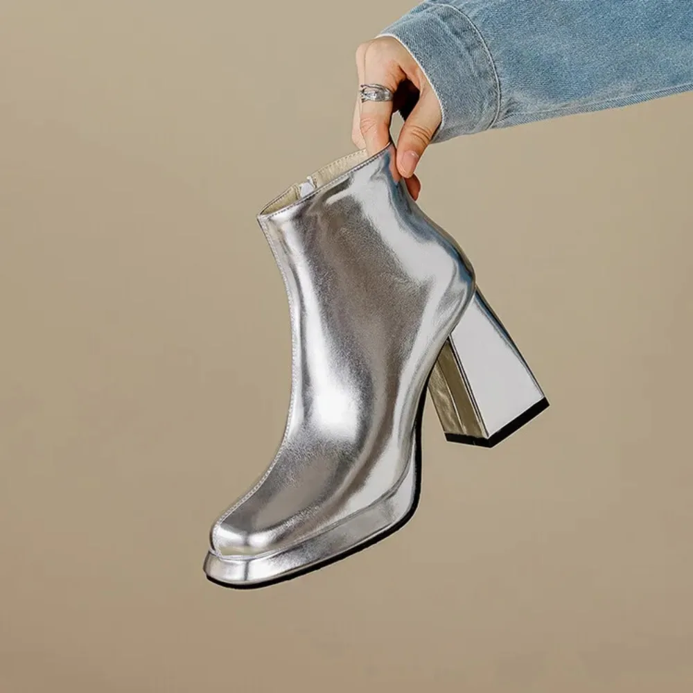 Autumn and Winter New Styles Fashion High Heels Women's Boots Golden Silvery Sexy Party Square Head Square Heel Women Boots