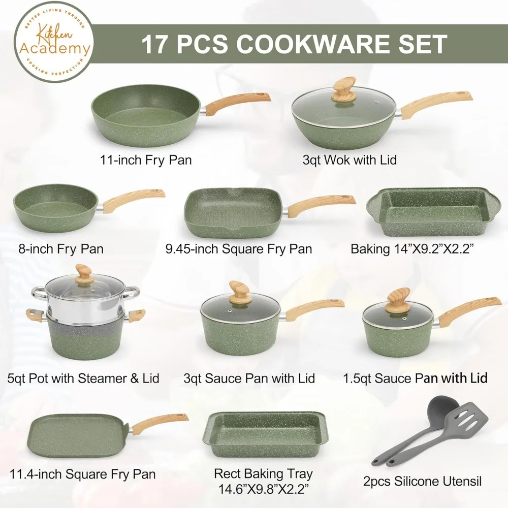 17 Pieces Induction Cookware Set with Griddle, Green Granite Pots and Pans Set Non Stick, Healthy Nonstick Cooking Pans Set