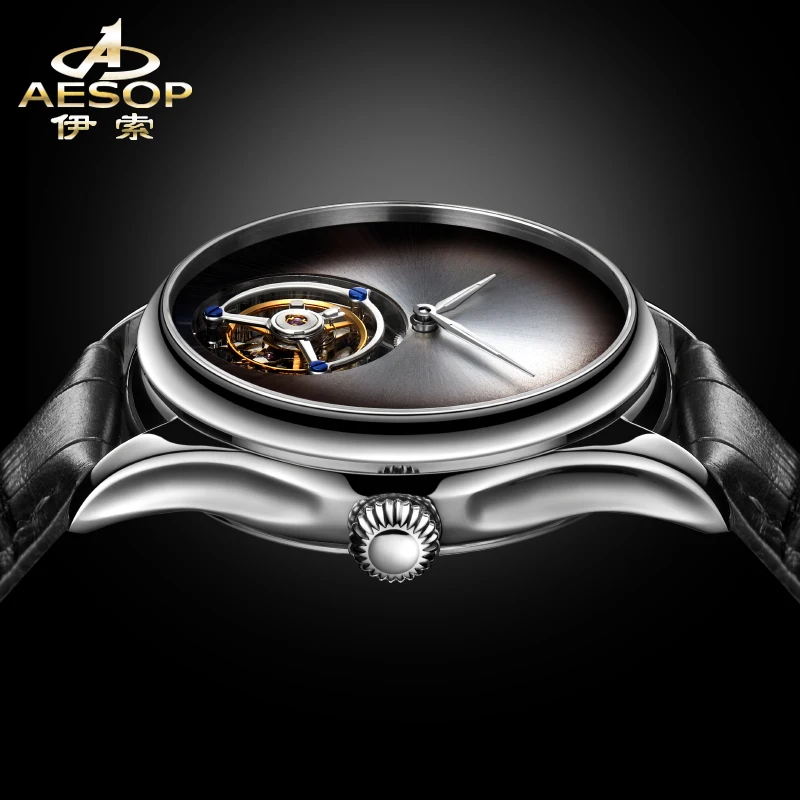 Aesop Tourbillon นาฬิกาผู้ชายจริง Flying Tourbillon Simple Dial Sapphire Manual Mechanical นาฬิกาหนังผู้ชายธุรกิจ Luxury7009