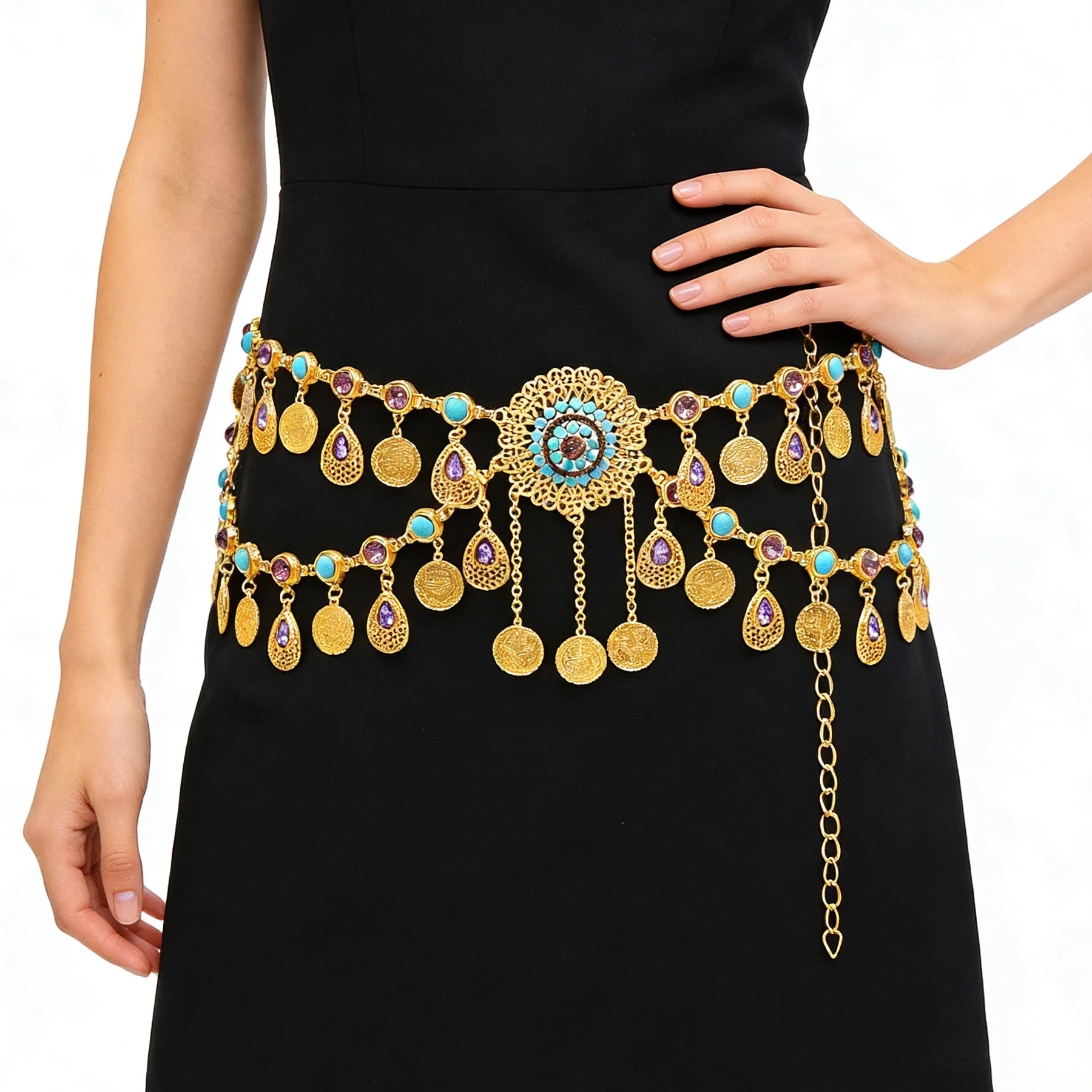 

Bohemian Coin Tassel Hollow Waterdrop Crystal Waist Chain For Women Turquoise Rhinestone Body Belt Ethnic Jewelry Accessory