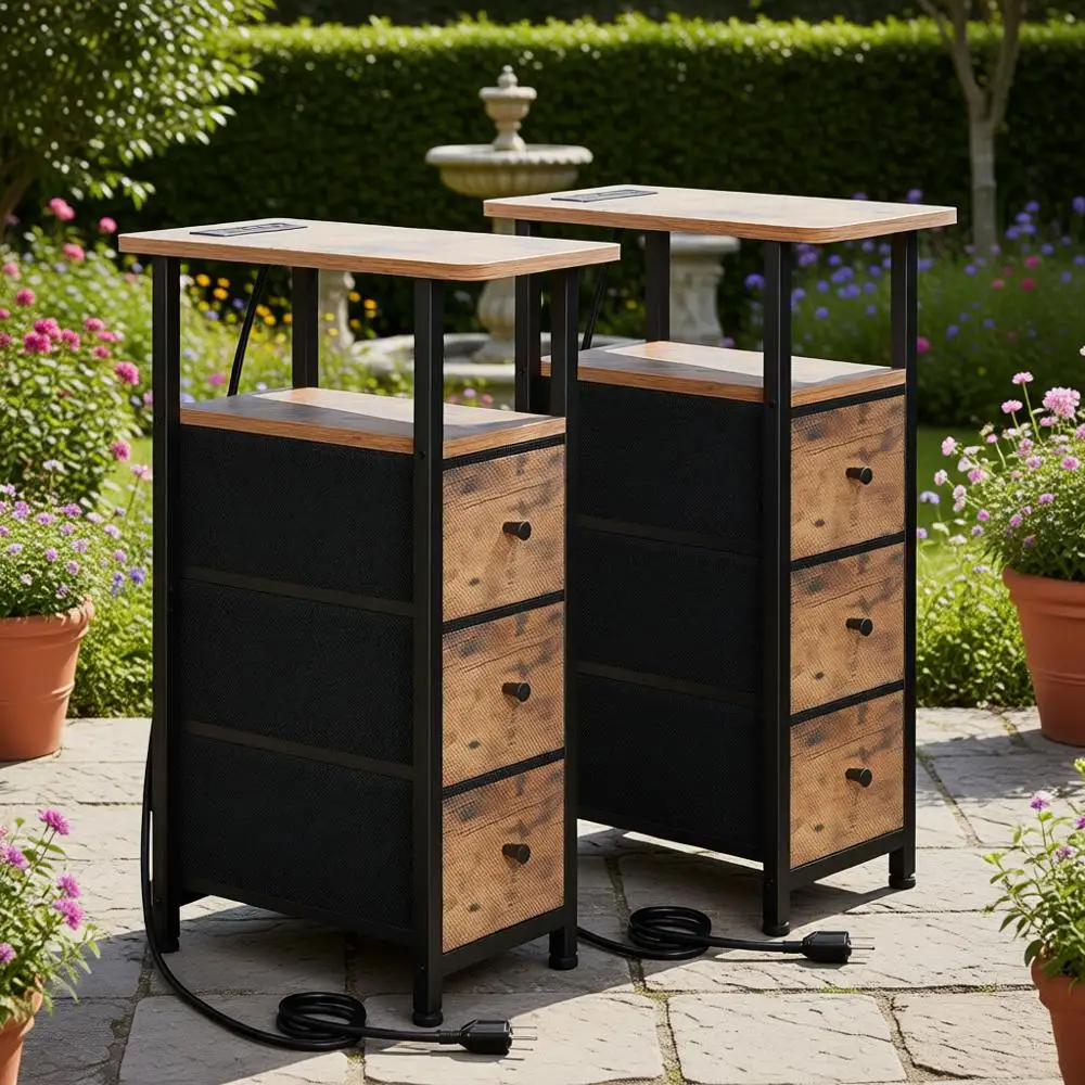 

Brown Charging Station End Tables Set of 2 for Living Room, Fabric Drawers Nightstand, Ideal for Small Spaces