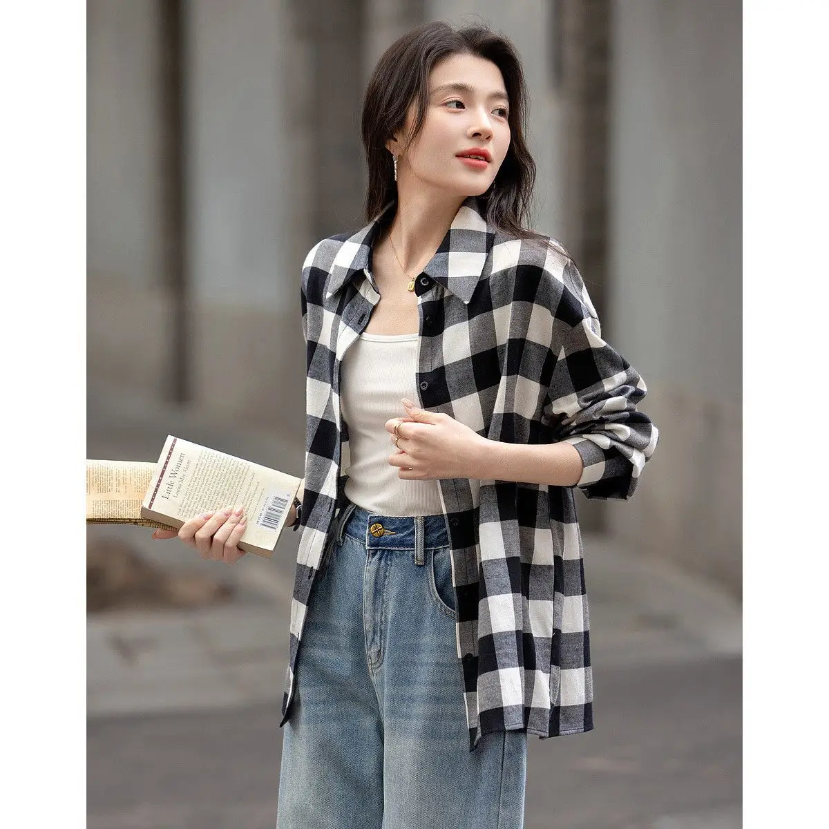 

Loose Long Sve Plaid irt Korean Sle Women's Spring Autumn New Vintage irt Versatile Outerwear Casual Faion