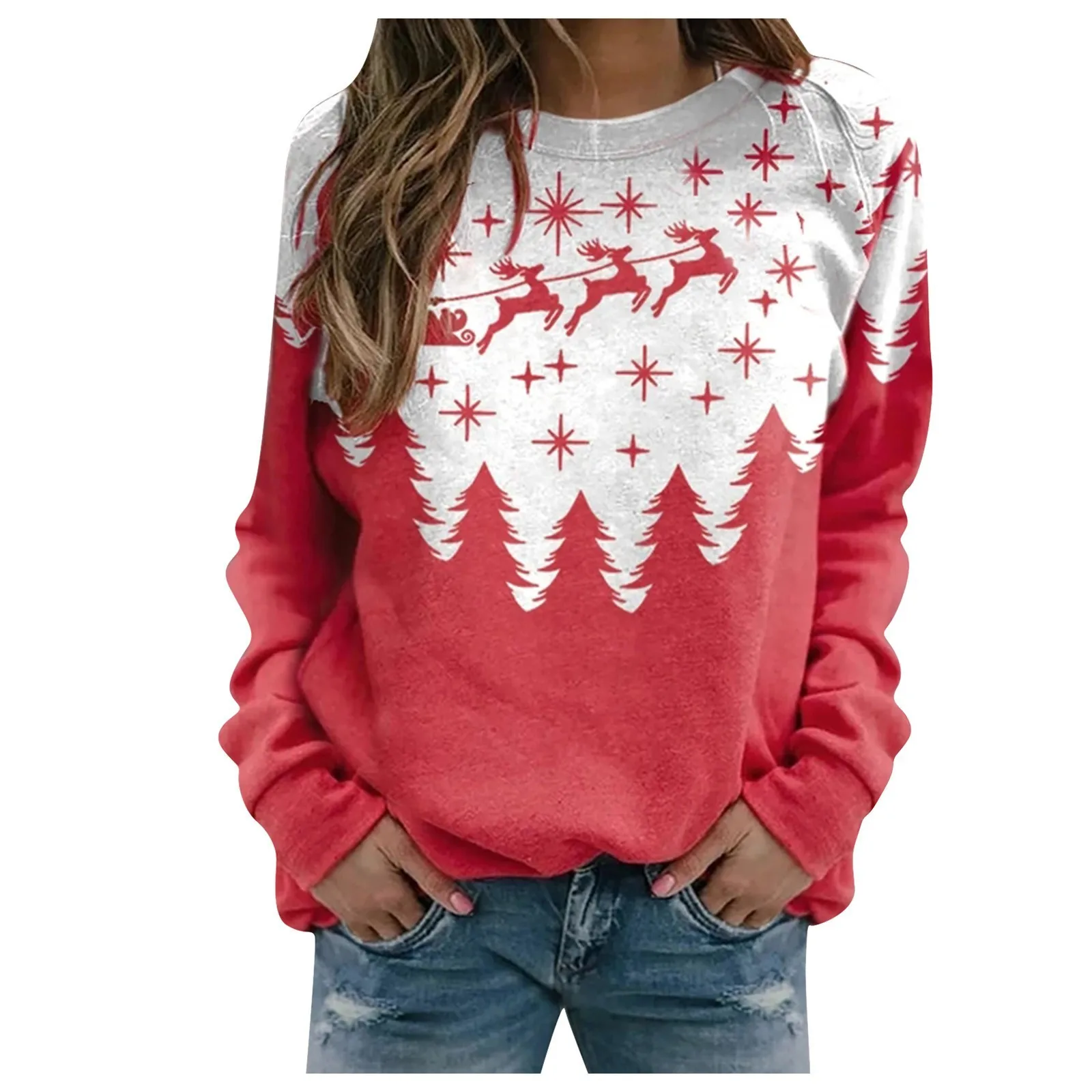 Women\'s Casual Fashion Christmas Print Long Sleeve O-Neck Pullover Top 한국인 후기 많은 옷 한국인 리뷰 많은 옷 korean popular clothes y2k