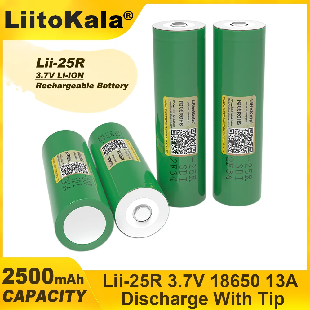 LiitoKala Rechargeable Lithium Battery, High Capacity Nickel Battery, DIY, Lii-25R, 18650, 3.7 V, 2500mAh pointed