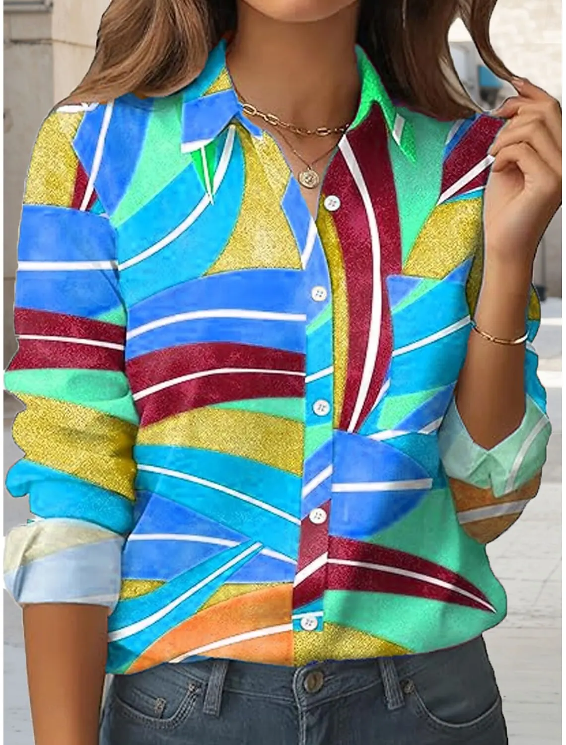 2025 Women's Shirts Geometric Graphics Blouse Modern Lapel Neck Blouse Women's Long Sleeve Shirts Womens Clothes Female Clothing