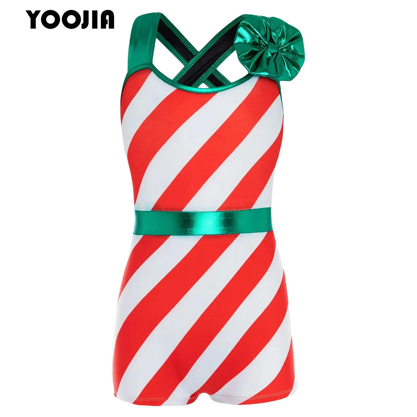 

Kids Girls Candy Cane Striped Christmas Dance Costumes Xmas Santa Shorty Unitard One Piece Gymnastics Leotard Bodysuit Jumpsuit