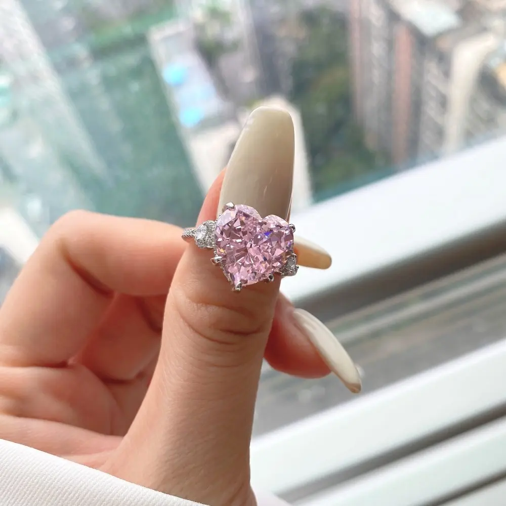 Star internet celebrity's same s925 silver heart shaped high carbon diamond ring, shaped diamond, ice flower cut pink diamond ri