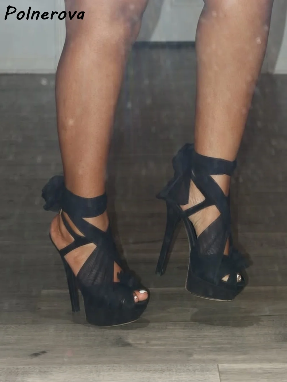 Black Mesh Platform Sandals Thin Heels Peep Toe Bow Tie Ankle Strap Shoes Women Summer Solid Elegant Party Stiletto Shoes view 3