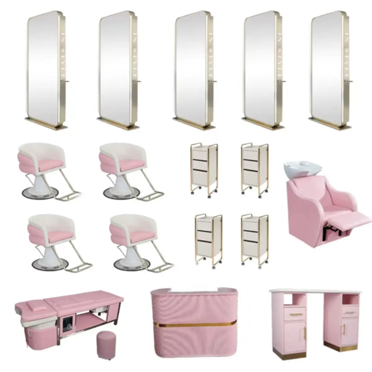 Modern Pink Beauty Salon Furniture Set Leather Manicure Table with Golden Frame Barber Mirror&Chair Nail Salon Styling Chairs