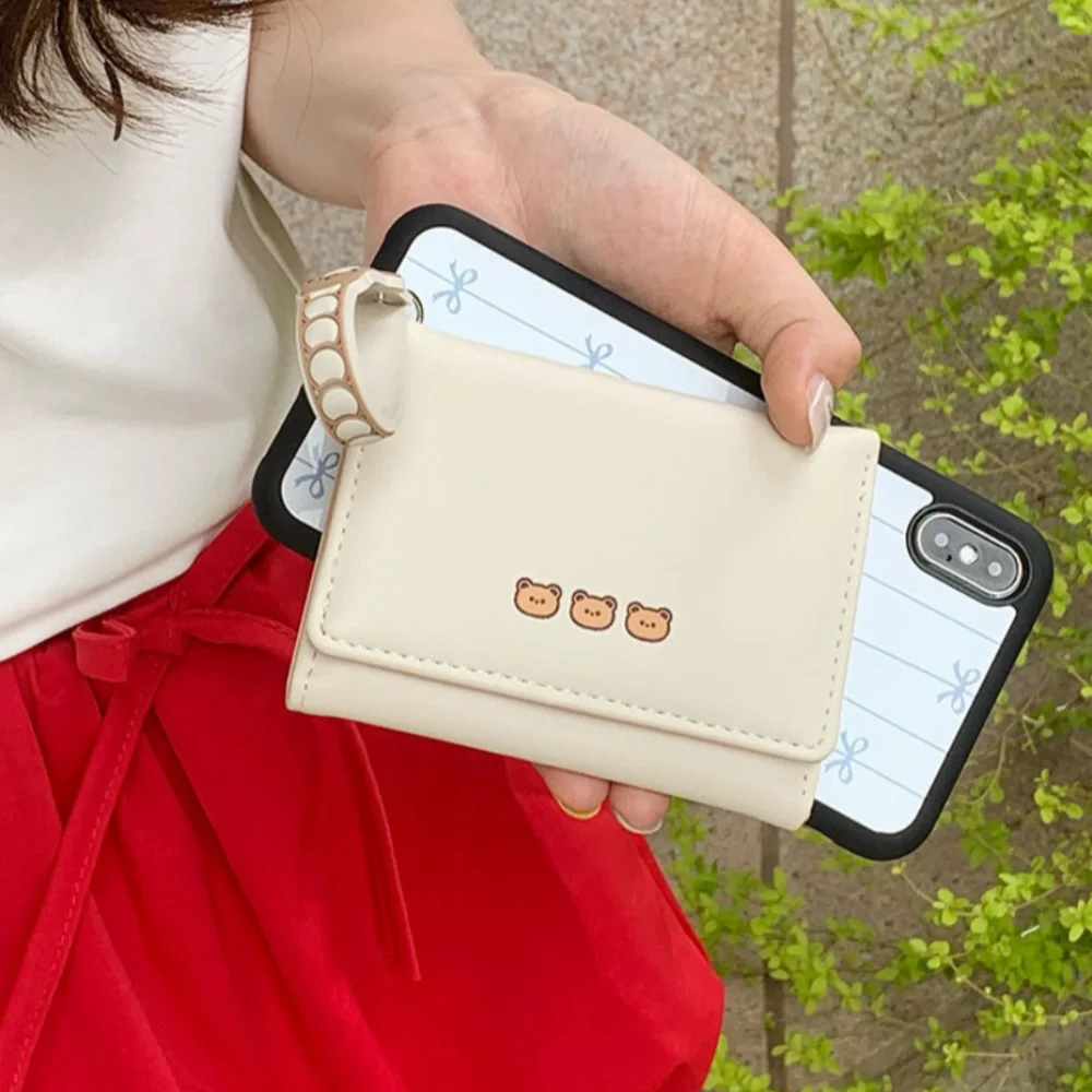 Cute Pink Color Short Wallet With Hand Strap Solid Color Card Bag Cartoon Bear Cash Bag Women