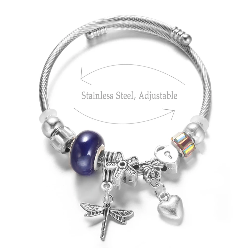 Heart Shaped Dragonfly Pendant Stainless Steel Beaded Bracelet 6 Colors Painted Flowers Closure Bangles Bracelet Women Jewelry