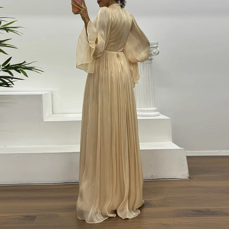 ชุดเดรสออกงานผู้หญิงสีพื้นสไตล์ฝรั่งเศส โรแมนติก ใหม่ล่าสุดสำหรับฤดูใบไม้ร่วง คอตั้ง เอวสูง ทรงโรบ แขนบาน จับจีบ ชุดราตรี