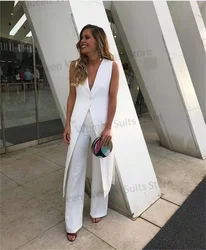 White Wedding Women Suits Set Long Vest+Loose Pants 2 Pieces Custom Made Summer Sleeveless Coat Formal OL Prom Dress