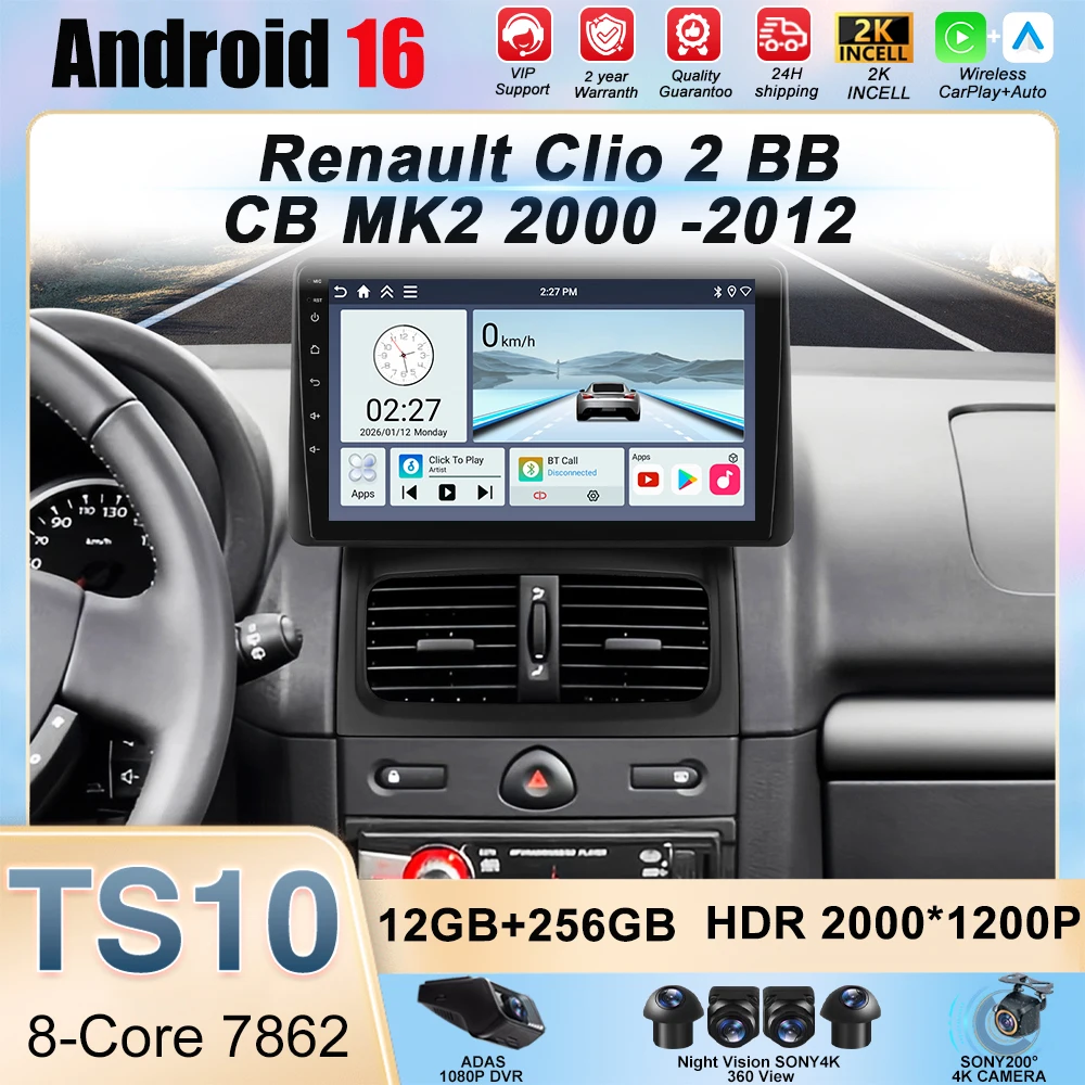 

Android 16 Radio For Renault Clio 2 2000-2012 Car Stereo Multimedia Navigation Player Wireless BT CarPlay Touch 2K QLED Screen