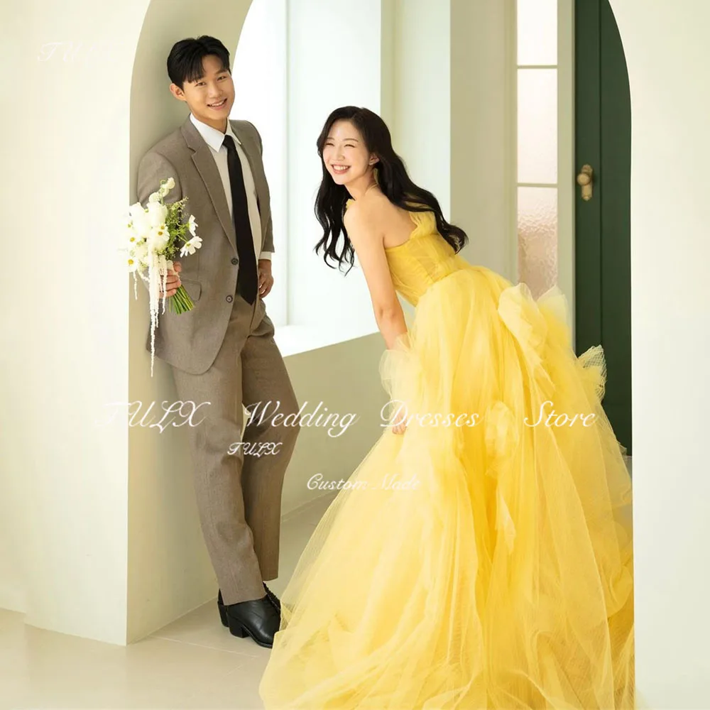 

TULX Fairy Yellow Tulle Evening Dresses Korea Wedding Photo Shoot High Neck Long Sleeveless Corset Formal Party Dress Customized