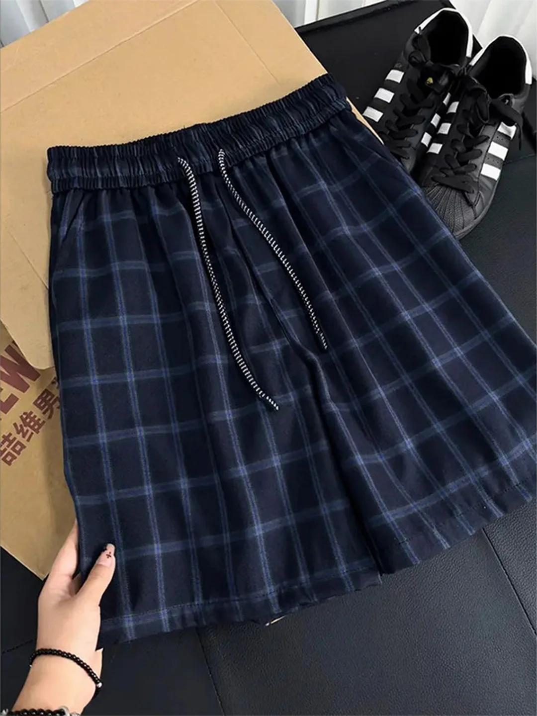 

Vintage Deep Blue Plaid Men's Shorts Summer Thin American High Street Basketball Sports Five-Quarter Length Beachwear