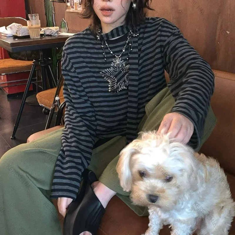 เสื้อแขนยาวลายทางสไตล์ฮาราจูกุ โกธิค วินเทจ สำหรับฤดูใบไม้ผลิและฤดูใบไม้ร่วง สวมใส่สบาย ใช้งานได้หลากหลาย เหมาะสำหรับผู้หญิง